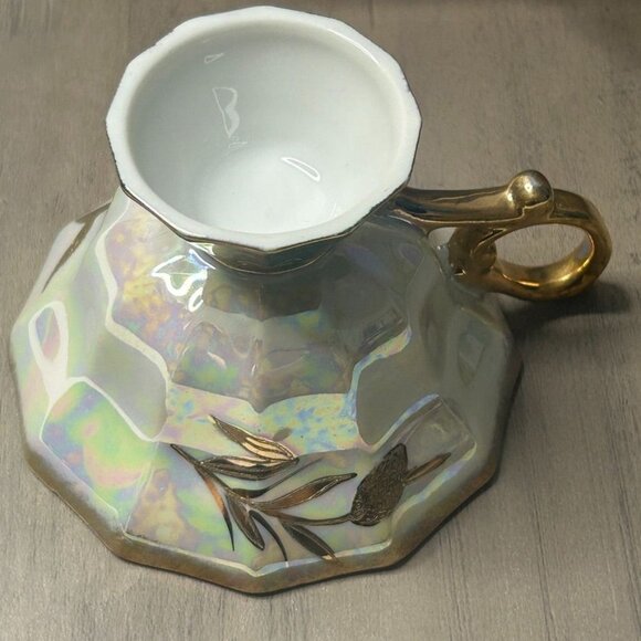 Vintage Royal Sealy China Japan Iridescent Green w/ Gold Trim Cup & Saucer Set - Picture 8 of 8